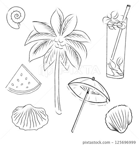 Summer vacation symbols featuring palm tree, drinks, and tropical fruits for relaxation Summer vacation symbols featuring palm tree, drinks, and tropical fruits for relaxation 125696999