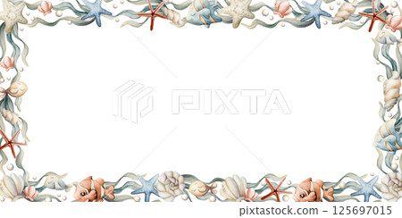 Sea Fishes Shell Starfish Seaweed Pearl Frame. Cute ocean marine animals and plants. Adorable underwater world. Watercolor hand painted summer isolated illustration kids nursery baby shower undersea Sea Fishes Shell Starfish Seaweed Pearl Frame. Cute ocean marine animals and plants. Adorable underwater world. Watercolor hand painted summer isolated illustration kids nursery baby shower undersea 125697015