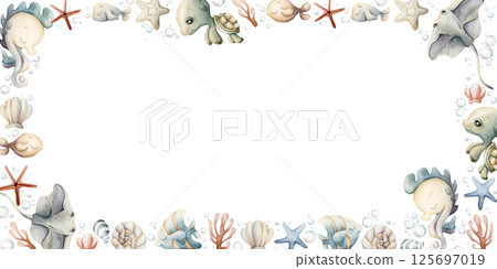 Sea Animals Plants Frame. Cute seahorse stingray turtle fish shell starfish seaweed coral. Adorable underwater world. Watercolor hand painted summer illustration kids nursery baby shower undersea Sea Animals Plants Frame. Cute seahorse stingray turtle fish shell starfish seaweed coral. Adorable underwater world. Watercolor hand painted summer illustration kids nursery baby shower undersea 125697019
