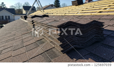 Roof shingles stacked on building structure under construction   125697039