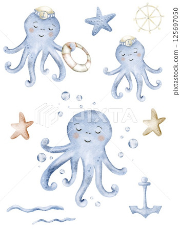 Playful watercolor illustrations of tropical marine animals on a white background 125697050