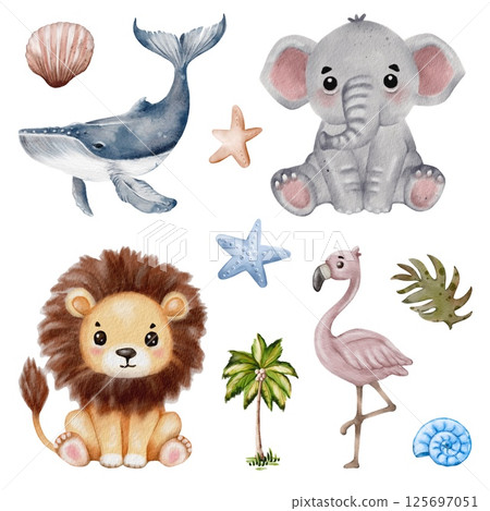 Colorful watercolor illustrations of marine and tropical wildlife on a white background 125697051