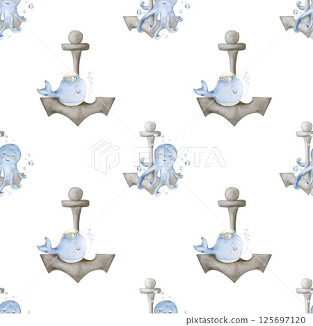 Colorful watercolor marine animals set in tropical style with isolated white background Colorful watercolor marine animals set in tropical style with isolated white background 125697120