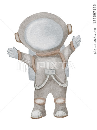 Watercolor baby astronaut in space with arms wide open on a white background 125697136
