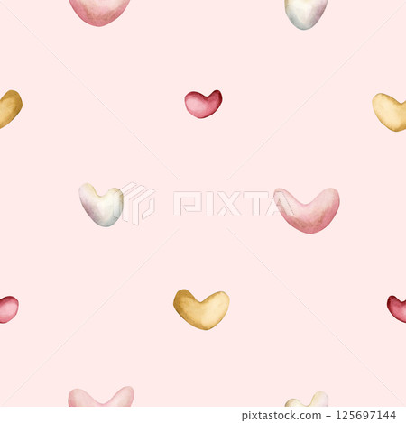 Cute hearts. Watercolor minimalistic simple seamless pattern on pink background for kids baby nursery textile fabric, wrapping paper, whimsical charming girly design, pastel neutral coquette style Cute hearts. Watercolor minimalistic simple seamless pattern on pink background for kids baby nursery textile fabric, wrapping paper, whimsical charming girly design, pastel neutral coquette style 125697144