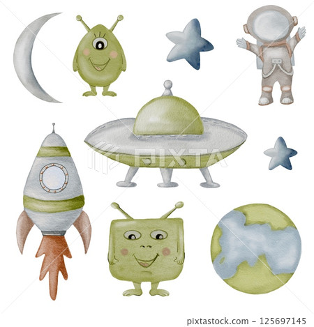 Delightful watercolor baby space creatures and elements for playful textile design Delightful watercolor baby space creatures and elements for playful textile design 125697145