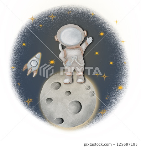 Cosmic adventure with an astronaut on a moon surrounded by sparkling stars and a rocket ship 125697193