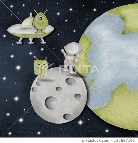 Adventurous aliens explore the moon with their UFO while looking towards Earth at night 125697196