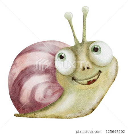 Watercolor snail design with cheerful expression for textile and wallpaper patterns 125697202