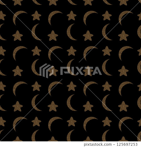 Elegant pattern of golden stars and moon on dark background for versatile textile design Elegant pattern of golden stars and moon on dark background for versatile textile design 125697253