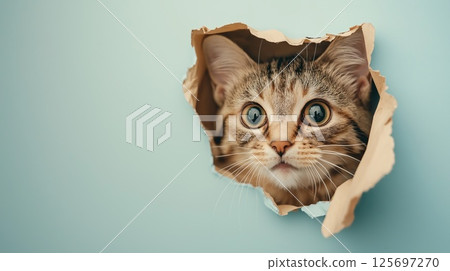 A tabby kitten with big blue eyes curiously peeking through a torn hole in a turquoise paper background 125697270