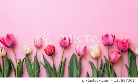 A row of colorful tulips with green leaves arranged on a soft pink background, creating a fresh and vibrant springtime feel A row of colorful tulips with green leaves arranged on a soft pink background, creating a fresh and vibrant springtime feel 125697301