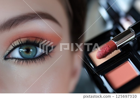 Eye with bold orange and gold eyeshadow next to a red lip gloss applicator and palette Eye with bold orange and gold eyeshadow next to a red lip gloss applicator and palette 125697310