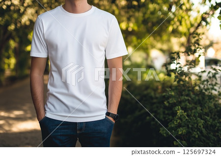 Man in white T-shirt outdoors in soft sunlight near bushes 125697324