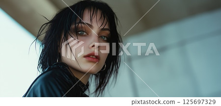A close-up portrait of a young woman with short dark hair, wearing a leather jacket, against a soft urban background. Her gaze is intense and mysterious 125697329
