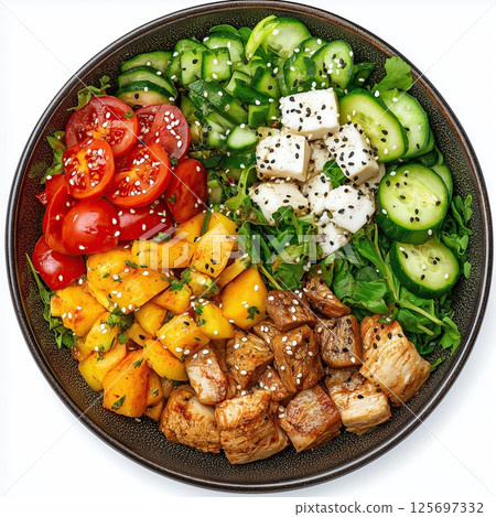 Colorful salad bowl with grilled chicken, mango, cucumber, tomato, feta, and greens 125697332