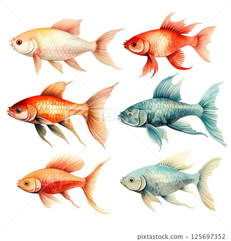 Six watercolor fish in soft and bold colors swimming in pairs, each with unique fins and tails 125697352
