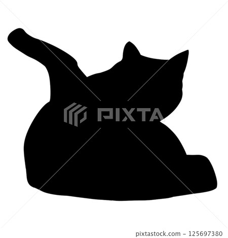 Silhouette of a seated cat with a tail raised in a minimalist design on white background 125697380