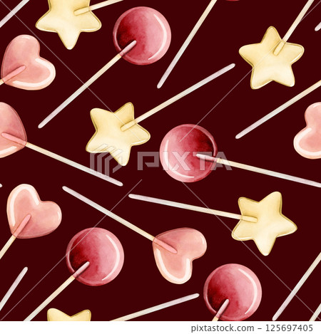 Cute lollipops. Colorful candies on a stick. Watercolor food seamless pattern on dark background for kids baby nursery textile fabric, wrapping paper, whimsical charming girly design, pastel neutral Cute lollipops. Colorful candies on a stick. Watercolor food seamless pattern on dark background for kids baby nursery textile fabric, wrapping paper, whimsical charming girly design, pastel neutral 125697405