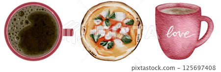 Charming watercolor pattern featuring coffee, pizza, and mugs in warm hues Charming watercolor pattern featuring coffee, pizza, and mugs in warm hues 125697408