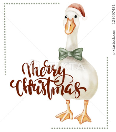 Festive goose wearing a Santa hat with a merry Christmas message for holiday cheer 125697421
