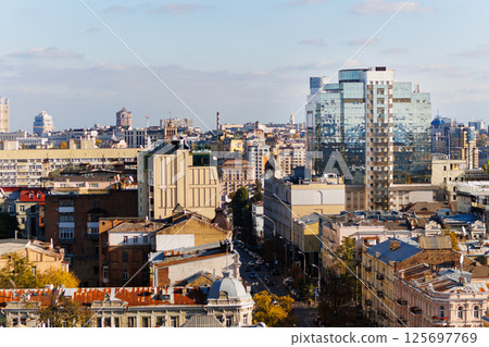 Panoramic high-angle view of the Kyiv city skyline, Ukraine, on a clear sunny day. 125697769