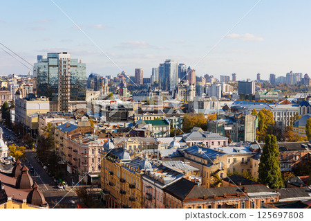 Panoramic high-angle view of the Kyiv city skyline, Ukraine, on a clear sunny day. 125697808