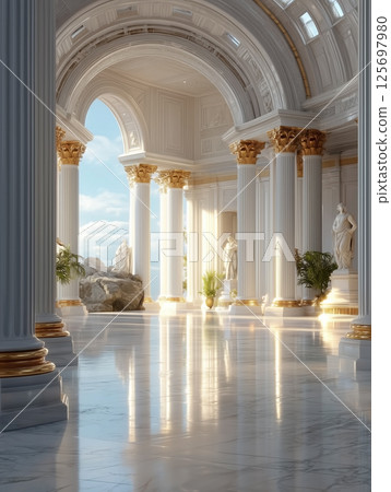 一座以白色和金色裝飾的雄偉寺廟。經典的建築空間。非常適合飯店和奢侈品牌廣告 125697980