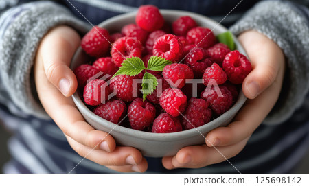 Hands Holding Bowl of Fresh Raspberries with Green Leaf 125698142