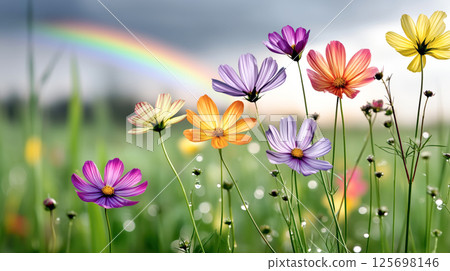 Colorful Wildflowers in Meadow with Rainbow After Rain 125698146