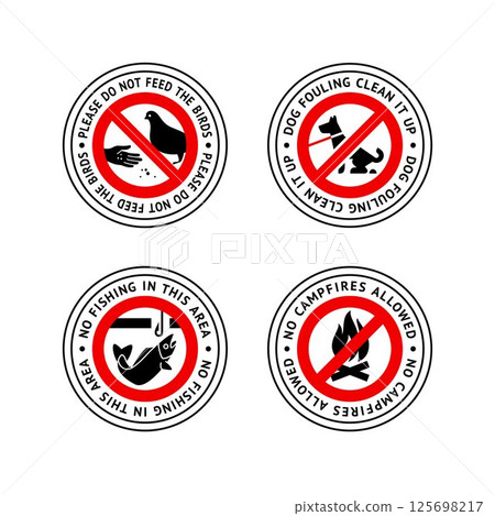 Prohibited label No dog fouling, No fishing, Do not feed birds, No campfires allowed, forbidding sticker set 125698217
