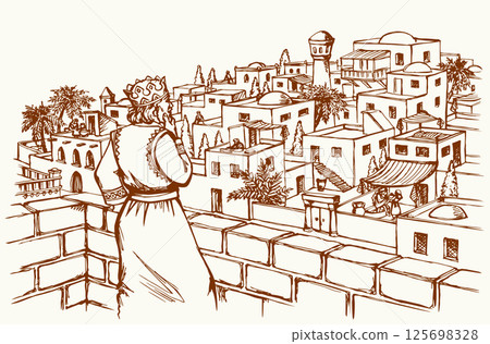 Vector drawing. King David on the roof of palace Vector drawing. King David on the roof of palace 125698328