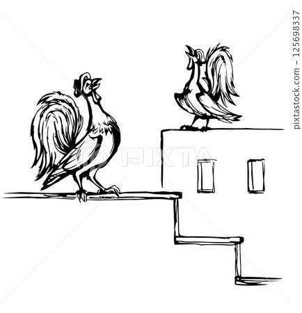 Vector drawing. Singing cock at morning 125698337