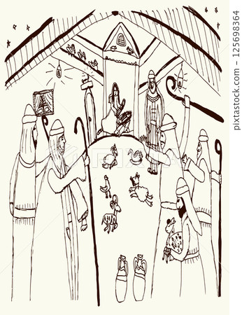 Vector drawing. Men greeting Mary in the barn Vector drawing. Men greeting Mary in the barn 125698364