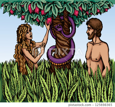Vector drawing. Adam and Eve at the tree Vector drawing. Adam and Eve at the tree 125698365