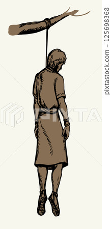 Vector drawing. Man hangs on a tree branch 125698368