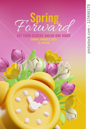 Vector 3D poster with alarm clock and flowers on yellow and red background. 125698378