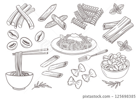 Minimalist hand drawn pasta set. Various Mediterranean spaghetti. Italian food illustrations for cafe or restaurant menu. Doodle sketch icons. Minimalist hand drawn pasta set. Various Mediterranean spaghetti. Italian food illustrations for cafe or restaurant menu. Doodle sketch icons. 125698385