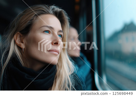 Close up portrait of a beautiful young woman with long blond hair and blue eyes in a black scarf on the background of the train window. 125698449