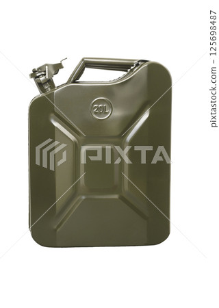 Fuel container jerrycan. Canister for gasoline, diesel gas.Fire resistant storage tank. Green metal canister 125698487