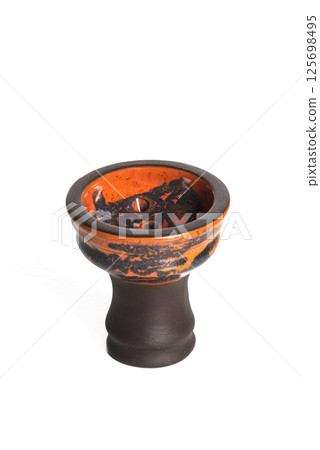 Brown orange ceramic clay hookah bowl isolated on white background. Brown orange ceramic clay hookah bowl isolated on white background. 125698495
