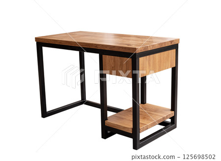 Front view of empty modern computer desk made of wood and steel isolated on white. loft style Front view of empty modern computer desk made of wood and steel isolated on white. loft style 125698502