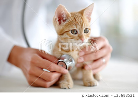 Veterinarian examining cat's heartbeat with stethoscope in clinic 125698521