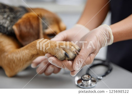 Veterinarian examining dog's paw in clinic, providing medical care 125698522