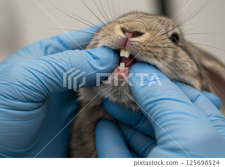 Veterinarian examining rabbit teeth with gloved hands 125698524