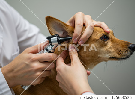 Veterinarian examining dog's ear with otoscope in clinic 125698526