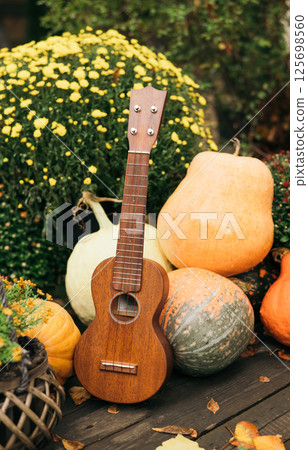 Ukulele guitar, autumn harvest and flowers Ukulele guitar, autumn harvest and flowers 125698560