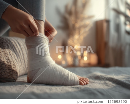 Woman applying bandage on injured ankle at home 125698590