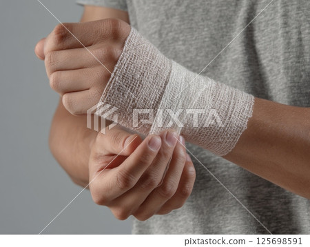 Man wrapping gauze bandage around injured wrist, applying first aid treatment 125698591