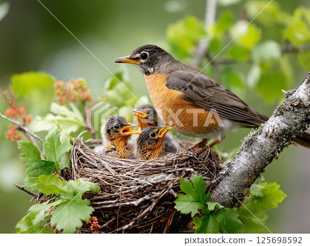 Robin bird feeding chicks in nest on tree branch, spring wildlife scene 125698592